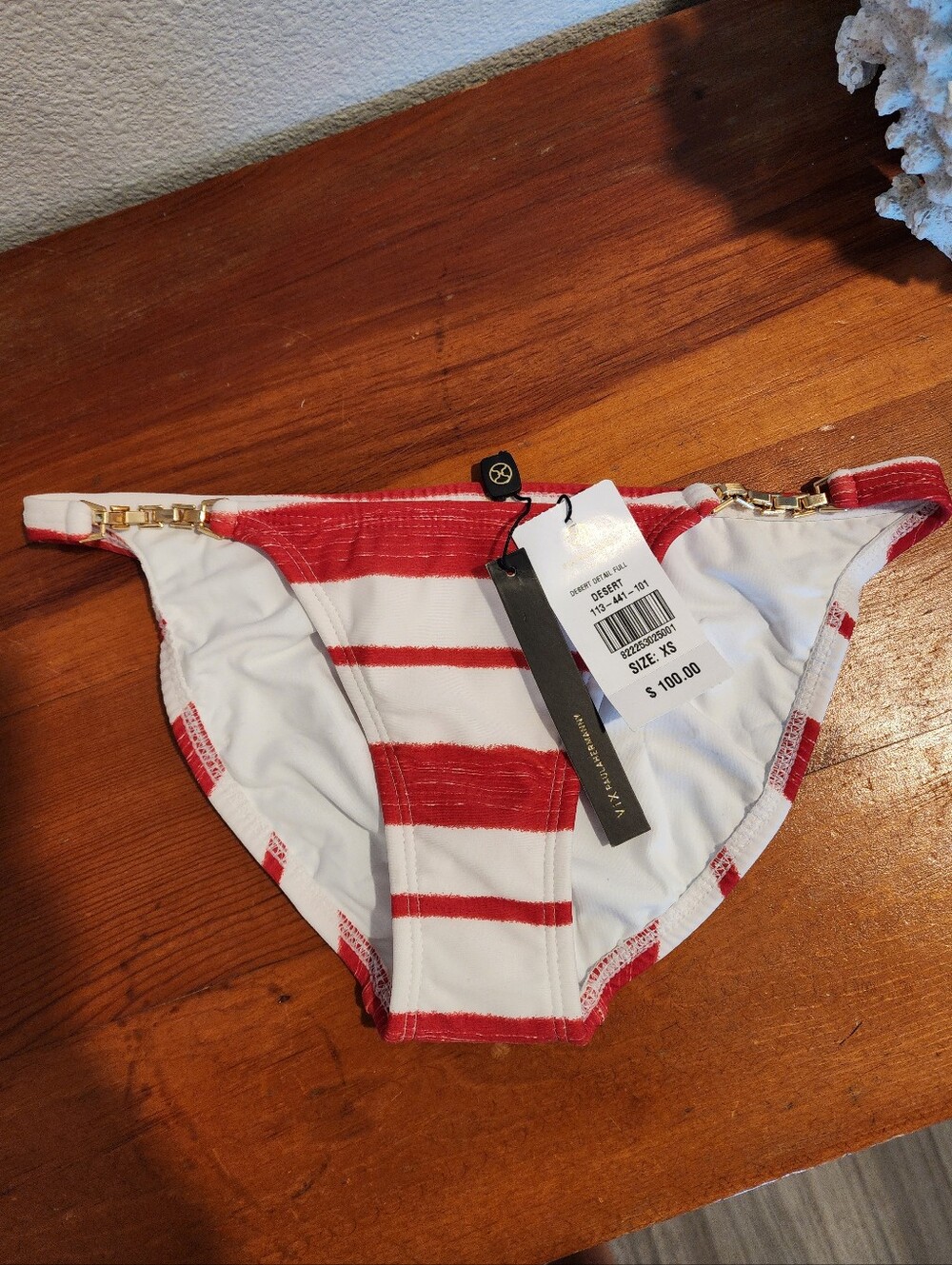 NEW! VIX PAULA HERMANNY SZ XS Striped Red White Bikini Bottom Gold Chain Accent